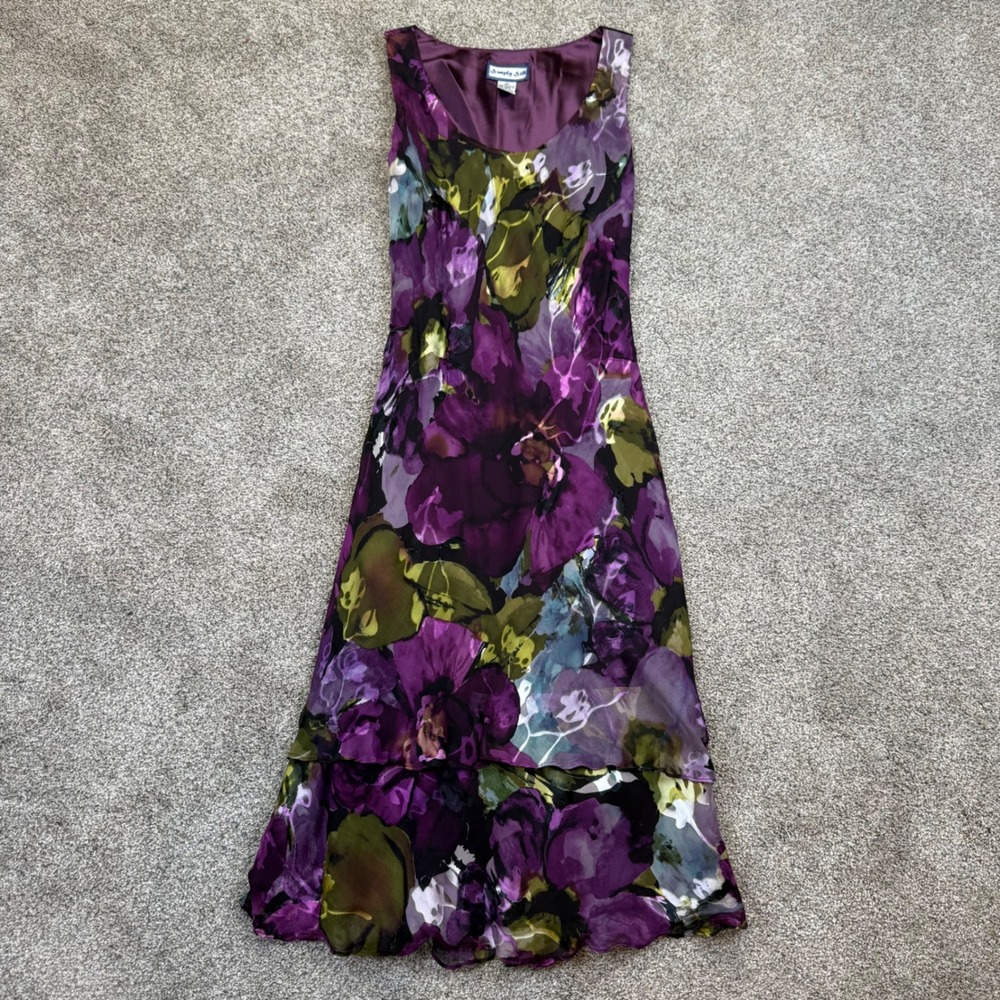 Vintage Simply Silk Purple Floral Silk Blend Sleeveless Midi Dress Womens Medium